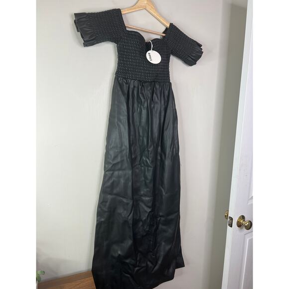 NWT STAUD Mae Smocked Off-The-Shoulder Vegan Leather Lined Maxi Dress Black - Picture 3 of 8